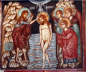 Byzantinisches Fresko aus dem 15. Jahrhundert Die Taufe Christi Wandmalerei Michael-Archangel-Kirche in Pedoulas Zypern Bemalte Kirchen UNESCO-Stätte Troodos, Zypern